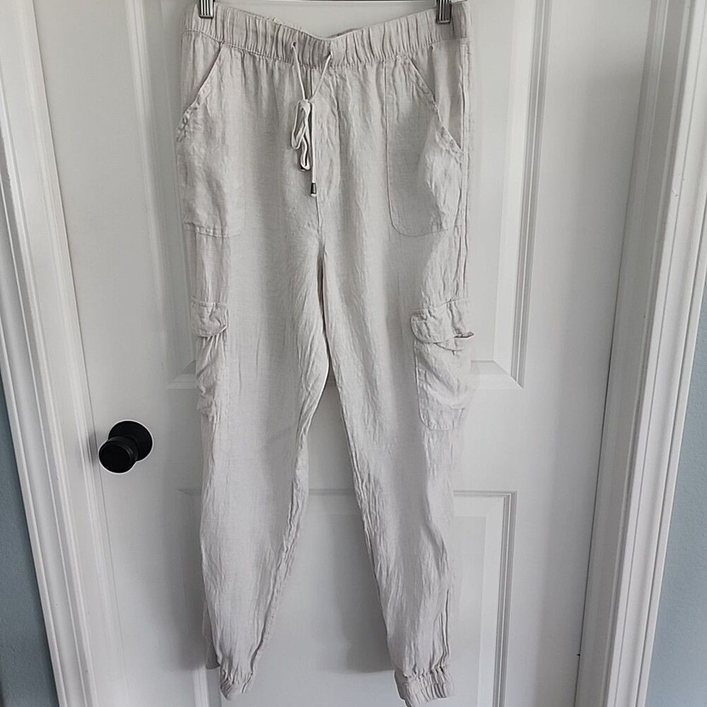 Nicole Miller 100% Linen Joggers Size L European Flax Cargo Pockets Beach Pants